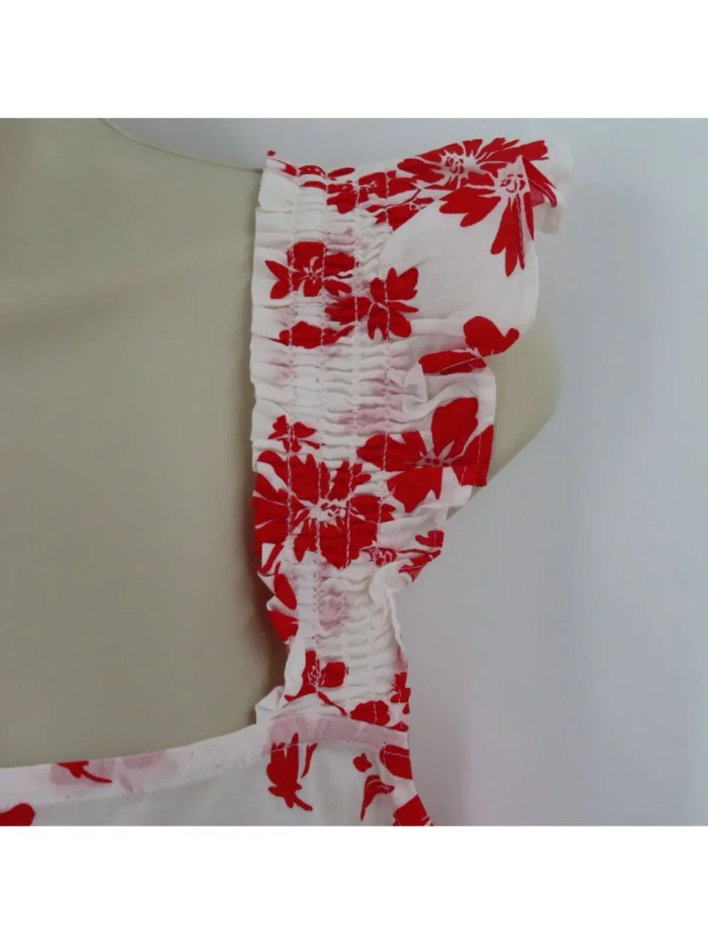J Crew Women Large Red White Hibiscus Tropical Flower Ruffle Sleeve Tank Top NEW